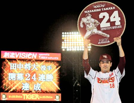 　「２４連勝」の記念ボードを掲げる田中