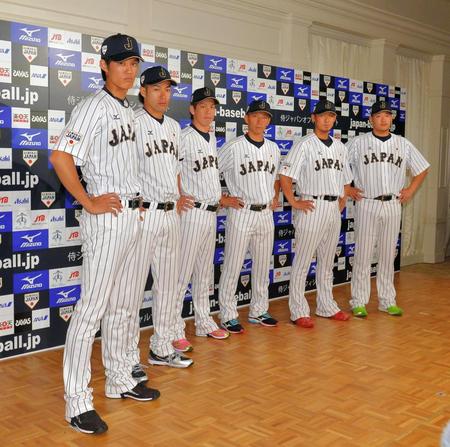 侍ジャパン一次候補に選出された（左から）、藤浪、柳田、前田、嶋、中田、筒香