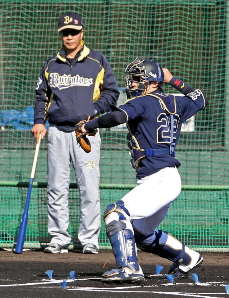 　走塁練習で二塁へ送球する伊藤（右）。左は山田臨時コーチ