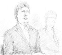 　初公判で弁護側の前の椅子に腰掛け、冒頭陳述を聞く笠原将生被告（左）と斉藤聡被告（イラスト・勝山展年）
