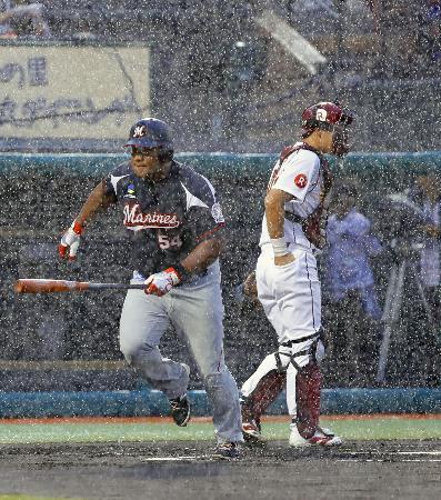 　１回、激しい雨で試合が中断し、ベンチに戻るロッテのデスパイネ（左）と楽天の捕手足立。この後、降雨ノーゲームとなる＝コボスタ宮城