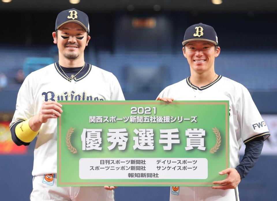 　関西スポーツ五紙表彰を受けるＴ-岡田（左）と山本