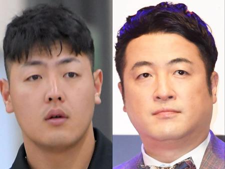 　巨人・岡本和真（左）と和牛・水田