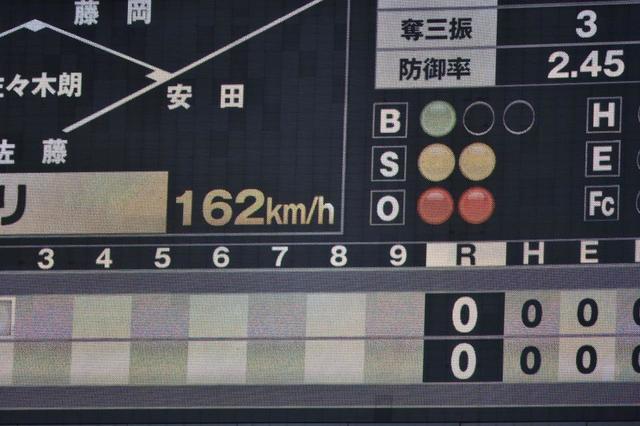 　２回、佐々木の１６２キロのストレートを表示する電光掲示板（撮影・開出牧）