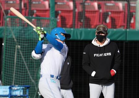 　“魚雷バット”振る清宮幸を見る新庄監督（撮影・金田祐二）