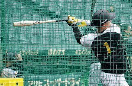 　「魚雷バット」で打撃練習する阪神・森下＝甲子園
