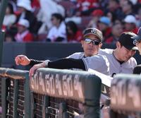 　６回、コーチ陣と話をした阿部監督（撮影・市尻達拡）