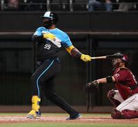 　９回、フルカウントから粘り１３球目を中前に適時打を放つレイエス（撮影・中島達哉）