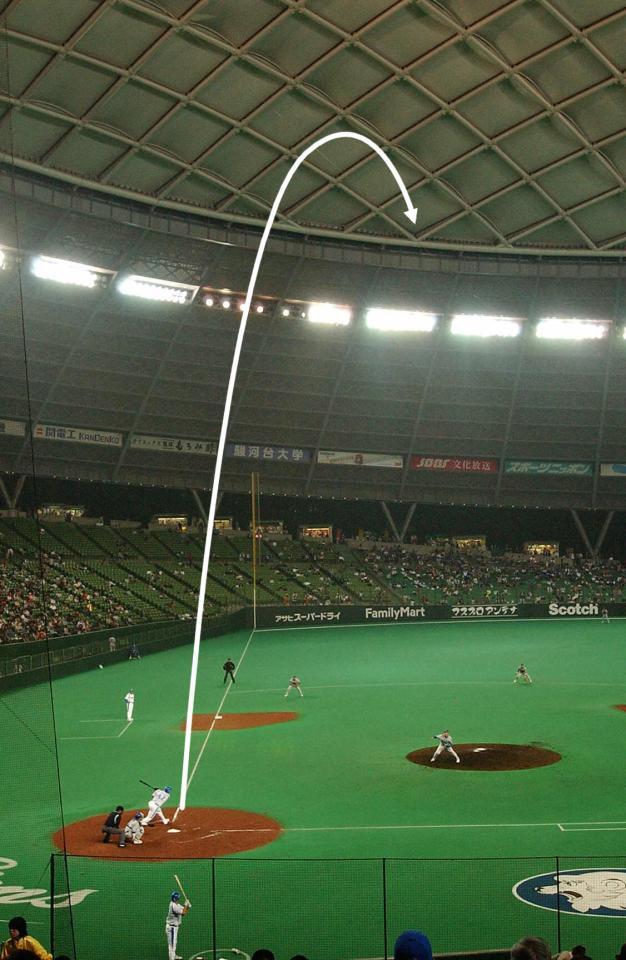 カブレラの打球は天井を直撃（矢印）、認定本塁打となる＝２００５年６月