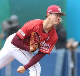 日本ハムとの練習試合に先発する古謝（撮影・西岡正）