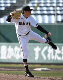 ６回表に登板し、２奪三振無安打の好投を見せた竹丸（撮影・佐藤厚）