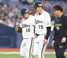 ６回途中、ベンチに下がる宮城（左）＝撮影・高部洋祐