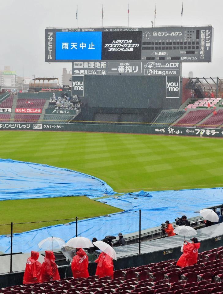 　雨中止の表示を傘をさしながら見つめる広島ファン＝マツダスタジアム