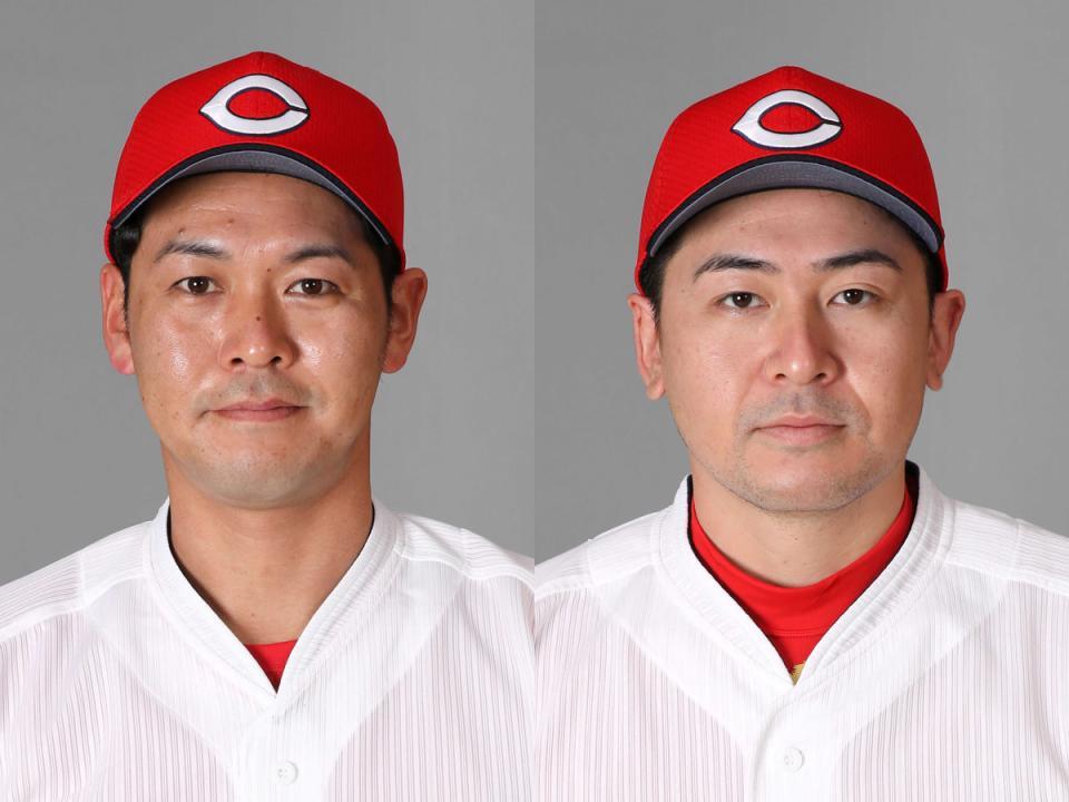 　新型コロナ陽性の影響で宮崎入りしなかった（左から）小窪コーチと会沢
