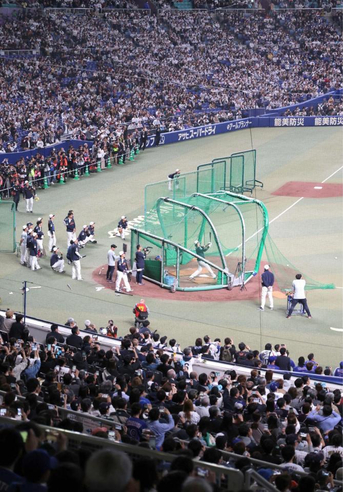大谷のフリー打撃に見入るファンと選手ら（撮影・西岡正）