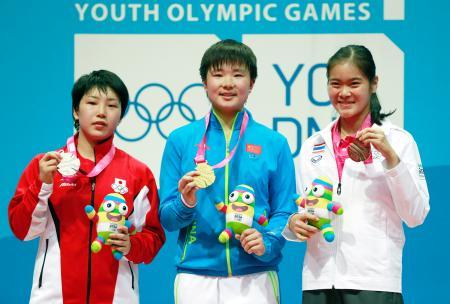 　バドミントン女子シングルスで銀メダルを獲得した山口茜（左）＝南京（新華社＝共同）