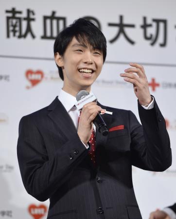 　日本赤十字社のイベントに出席したフィギュアスケートの羽生結弦＝１日、東京都内のホテル
