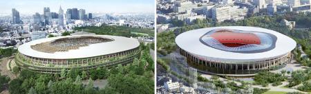 　２０２０年東京五輪・パラリンピックのメーンスタジアムとなる新国立競技場の新たな建設計画で、公表されたＡ案（左）とＢ案のイメージ図（技術提案書よりＪＳＣ提供）
