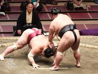 　大栄翔（左）をはたき込みで下した貴景勝（撮影・開出牧）