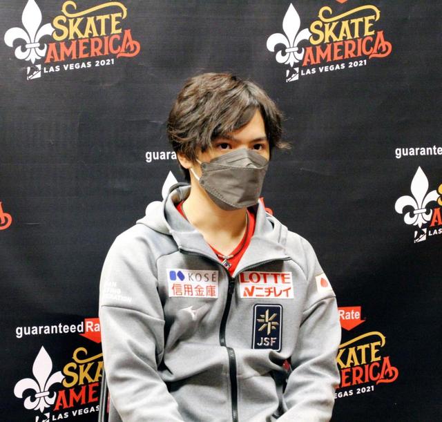 スケートアメリカで2位に入り、一夜明けて取材に応じる宇野昌磨=ラスベガス(共同)