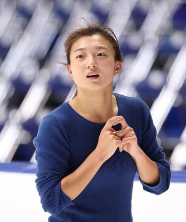 　公式練習を行った坂本花織（撮影・中田匡峻）