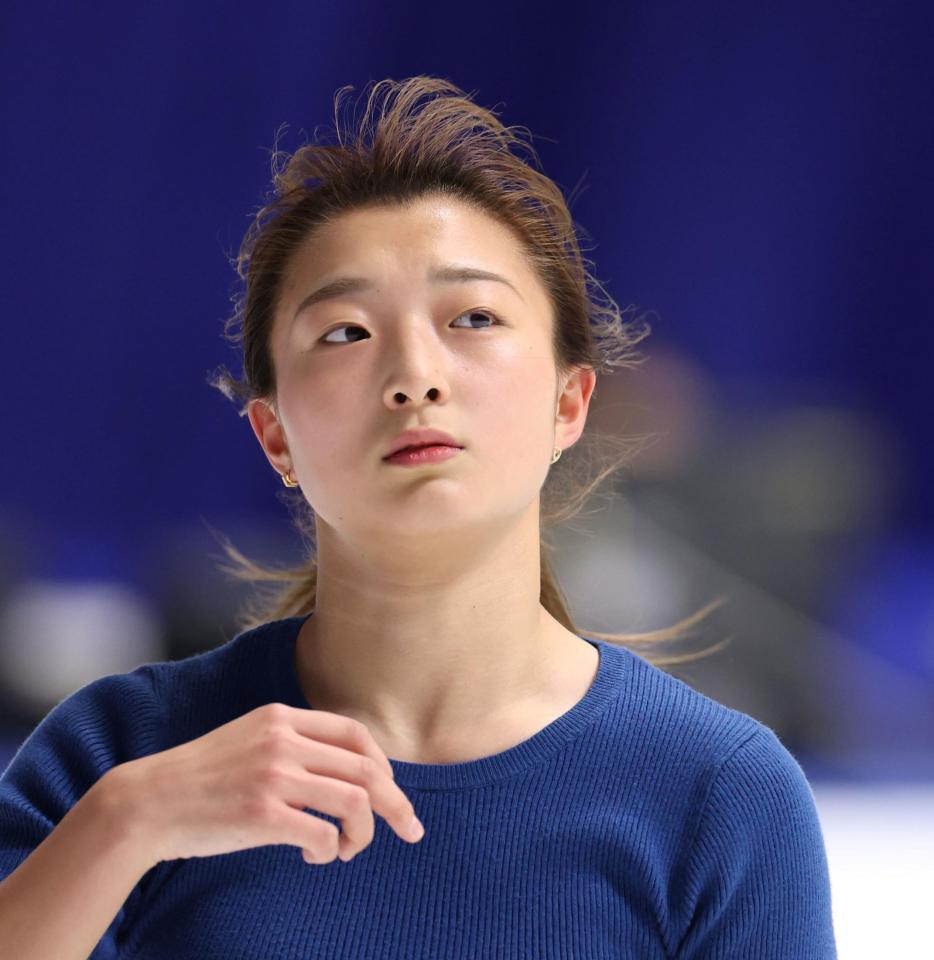　公式練習を行った坂本花織（撮影・中田匡峻）