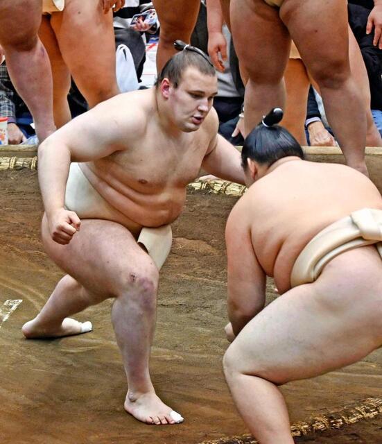 　大相撲の冬巡業で稽古する安青錦