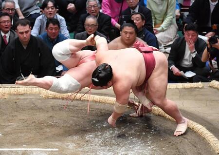 宇良（左）をはたき込みで破った大栄翔（撮影・開出牧）