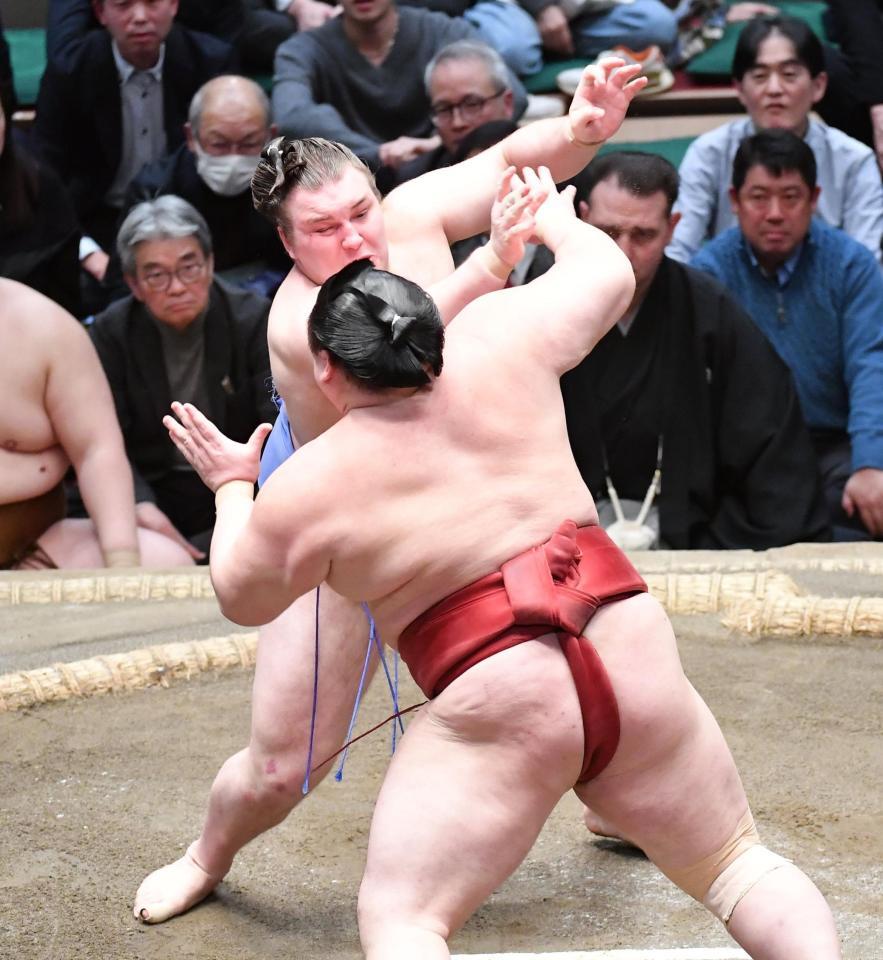隆の勝（手前）を突っ張りで攻める安青錦（撮影・開出牧）