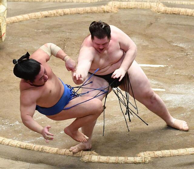 藤ノ川（左）を押し倒しで破った獅司（撮影・開出牧）