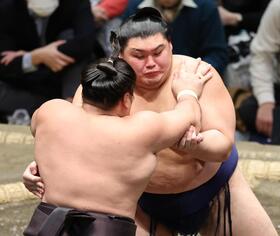 霧島（左）と攻め合う大の里