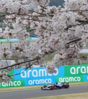 　満開の桜の下、疾走するＲＢ・ホンダＲＢＰＴの角田裕毅（撮影・神子素慎一）