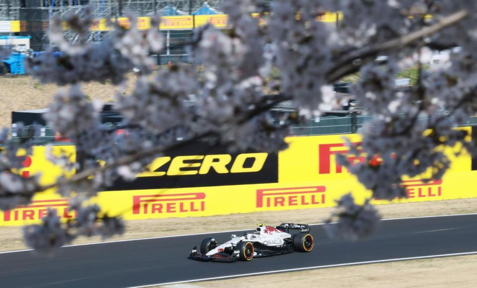 　満開の桜の下、快走するレッドブル・ホンダの角田裕毅（撮影・神子素慎一）