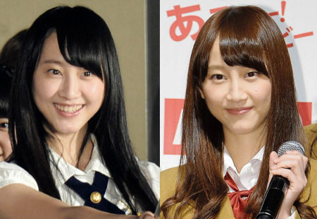 茶髪に変身して登場した松井玲奈（右）。左の写真は昨年１１月の撮影時