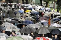 酒井法子の初公判で、雨の中、傍聴券を求め並ぶ人たち=2009年10月26日