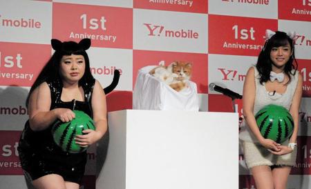 ふてニャンの写真集内にも載っているスイカを使ってポーズをとった渡辺直美（左）と篠崎愛、中央はふてニャン＝東京・六本木