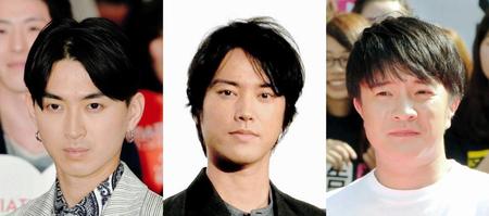 “三太郎”としてａｕのＣＭに出演する（左から）松田翔太、桐谷健太、濱田岳
