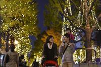 　「大阪・光の饗宴２０１５」でライトアップされた御堂筋を歩く家族連れ＝29日夜、大阪市