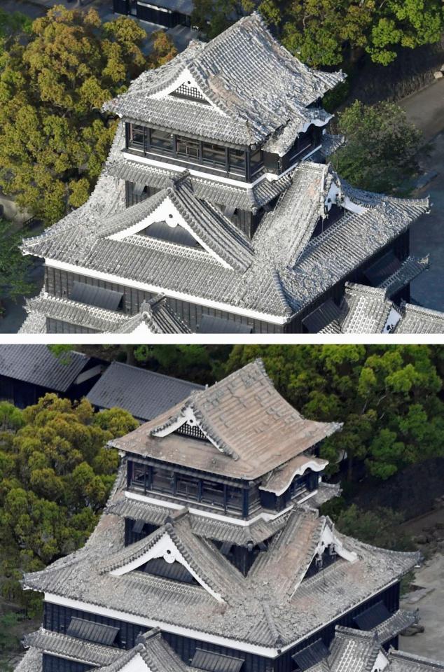 地震で被害を受けた15日の熊本城の天守閣（上）。相次ぐ地震で16日には屋根瓦がほとんど落ちていた＝熊本市（共同通信社ヘリから）