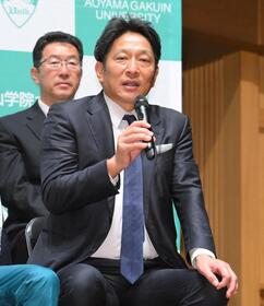 　壮行会を終え、箱根駅伝へ意気込みを語る青学大・原晋監督（撮影・伊藤笙子）