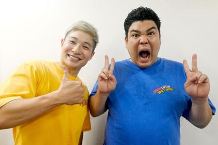 　ＧＡＯＲＡ ＳＰＯＲＴＳで冠番組がスタートする豪快キャプテン。左からべーやん、山下ギャンブルゴリラ（Ｌｍａｇａ.ｊｐ撮影）