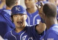 エンゼルス戦の13回、生還しチームメートに迎えられるロイヤルズ・青木=アナハイム(AP=共同)