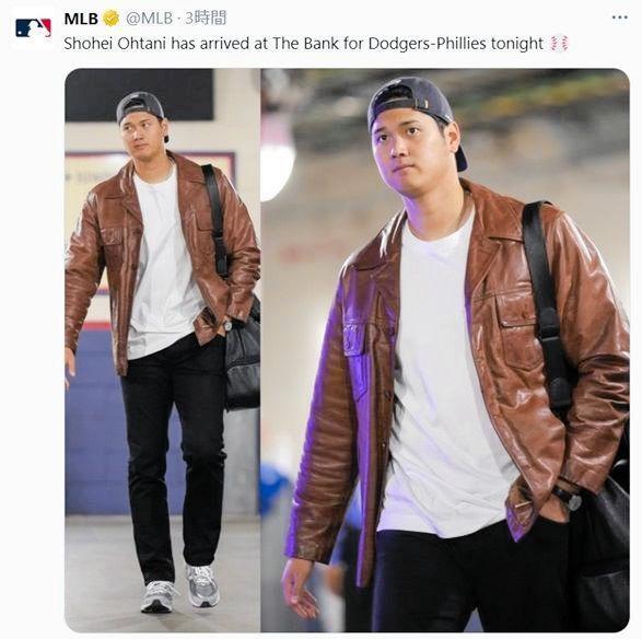 　球場入りした大谷。ＭＬＢ公式Ｘ（＠ＭＬＢ）より