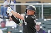 ８回、左翼線二塁打を放つ村上（共同）