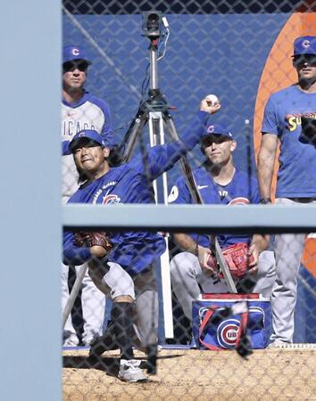 　ブルペンで投球練習するカブス・今永＝ロサンゼルス（共同）