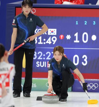 女子カーリング韓国代表のソル・イェジ（右）とソル・イェウン