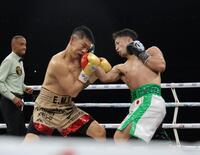 ３回、井岡一翔（左）からダウンを奪う井上拓真（撮影・西岡正）