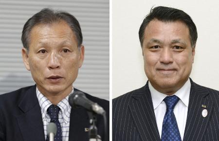 　日本サッカー協会の原博実専務理事（左）、田嶋幸三副会長（右）