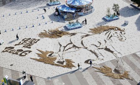 　国営ひたち海浜公園で公開されている、来年の干支「午」にちなんだ馬の地上絵。紅葉後のコキアや松ぼっくりなどを使い制作され、園内の大観覧車から迫力ある全貌を見ることができる。公開は来年１月１２日まで＝１３日午後、茨城県ひたちなか市