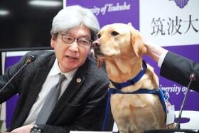 　ファシリティドッグとして訓練中の「ミコ」と記者会見する平松祐司筑波大病院長＝２９日、茨城県つくば市